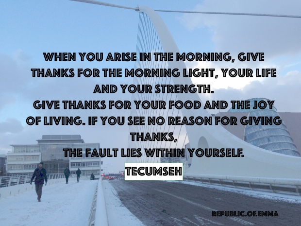 Tecumseh Quote: When you arise in the morning, give thanks for the morning light, your life and your strength. Give thanks for your food and the joy of living. If you see no reason for giving thanks, the fault lies within yourself.